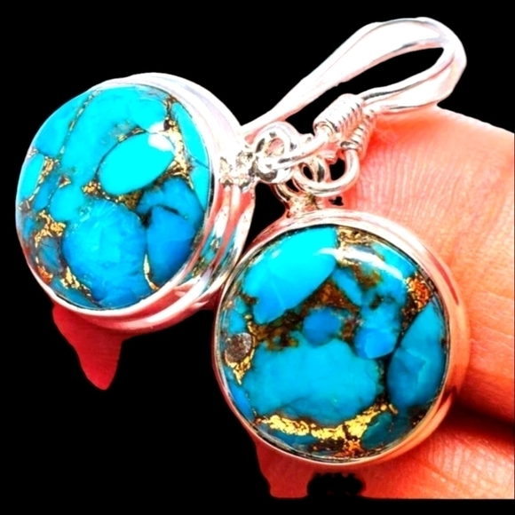 NEW Turquoise look round earrings fish hook 925 silver plated - Picture 2 of 4
